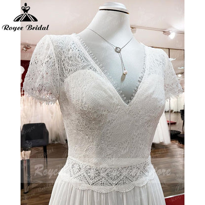 2022 Robe Plunging Wedding Dress Open Back Short Sleeve V Neck Lace Bodice Chiffon Wedding Gowns Custom Made vestido de noiva