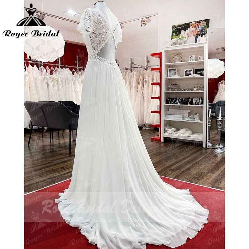 2022 Robe Plunging Wedding Dress Open Back Short Sleeve V Neck Lace Bodice Chiffon Wedding Gowns Custom Made vestido de noiva