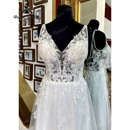 2025 Lace Appliques A Line Boho Wedding Dress with V Neck Open Back Bridal Gowns for Women Beach vestido invitada boda Vintage