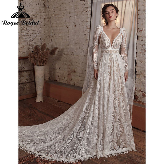 2024 Boho A Line wedding dress long sleeves court train bridal gown