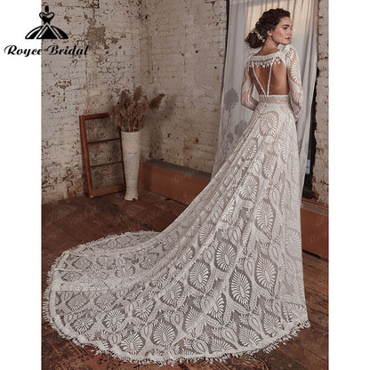 2024 Boho A Line wedding dress long sleeves court train bridal gown