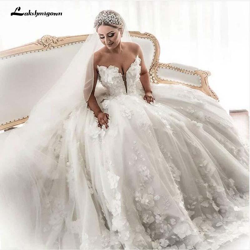 3D Flowrers Ball Gown Wedding Dresses Luxury Lace Appliqued - ROYCEBRIDAL OFFICIAL STORE