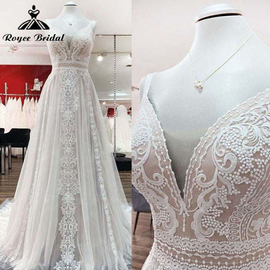 2024 A Line Boho Blush Color Wedding Dress Spaghetti Straps Lace Tulle V Neck Sleeveless Open Back