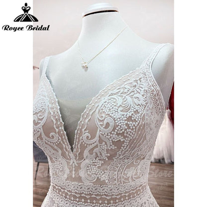 A Line Boho Blush Color Wedding Dress Spaghetti Straps Lace Tulle V Neck Sleeveless Open Back