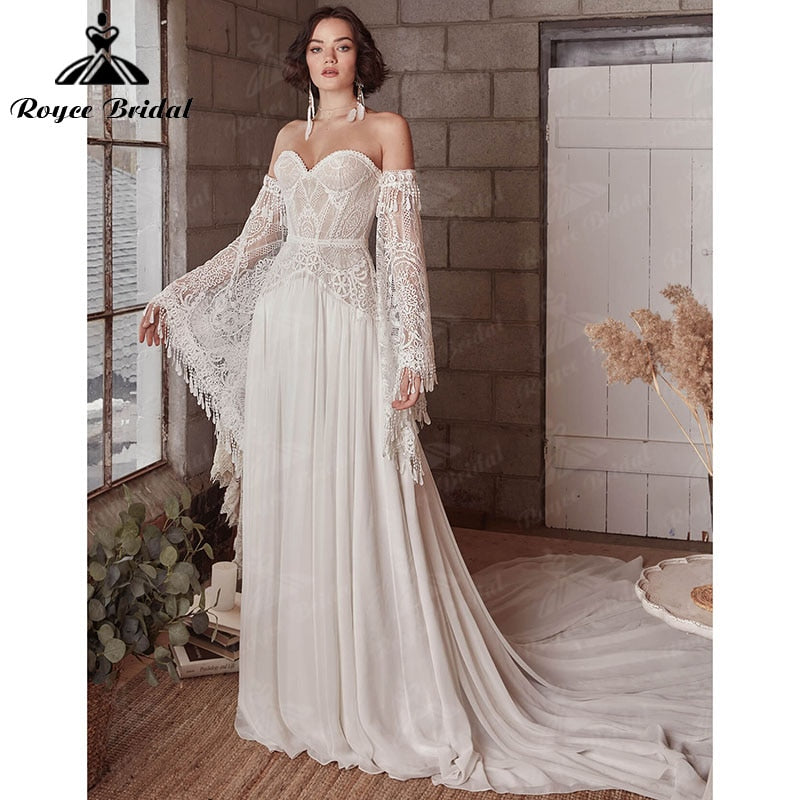 A Line Boho Bohemia Wedding Dress Long Flare Sleeve Lace Chiffon Backless Court Train Sweetheart Robe De Mariée Sheer 2022