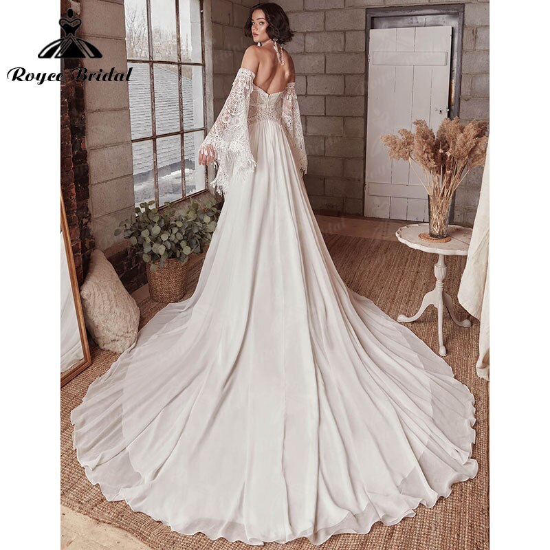 A Line Boho Bohemia Wedding Dress Long Flare Sleeve Lace Chiffon Backless Court Train Sweetheart Robe De Mariée Sheer 2022