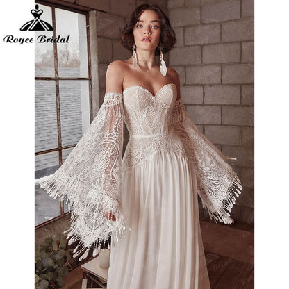 A Line Boho Bohemia Wedding Dress Long Flare Sleeve Lace Chiffon Backless Court Train Sweetheart Robe De Mariée Sheer 2022