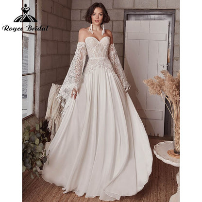 A Line Boho Bohemia Wedding Dress Long Flare Sleeve Lace Chiffon Backless Court Train Sweetheart Robe De Mariée Sheer 2022