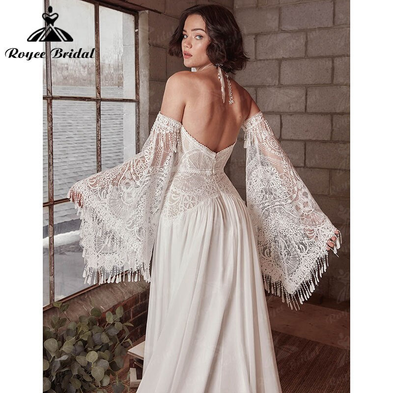 A Line Boho Bohemia Wedding Dress Long Flare Sleeve Lace Chiffon Backless Court Train Sweetheart Robe De Mariée Sheer 2022