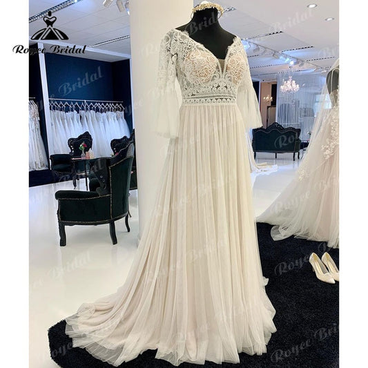 Roycebridal A Line Boho Wedding Dress V Neck Three Quarter Flare Sleeve Lace Bodice Illusion Soft Tulle 2025 Beach Vestidos De Fiesta Bridal