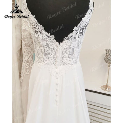 Roycebridal A Line Scoop Neck Lace Wedding Dress Beach Appliques Chiffon Boho 2025 Backlesss Sexy Bridal Wedding Dresses Summer Elegant