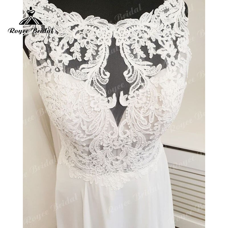 Roycebridal A Line Scoop Neck Lace Wedding Dress Beach Appliques Chiffon Boho 2025 Backlesss Sexy Bridal Wedding Dresses Summer Elegant