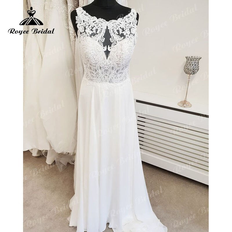 Roycebridal A Line Scoop Neck Lace Wedding Dress Beach Appliques Chiffon Boho 2025 Backlesss Sexy Bridal Wedding Dresses Summer Elegant