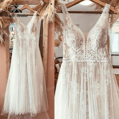 Boheme V Neck Lace Boho Wedding Dress Backless 2025 Robe Mariee Civil Vintage Wedding Gowns for Bridal Vestidos de Nova Beach