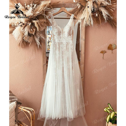 Boheme V Neck Lace Boho Wedding Dress Backless 2025 Robe Mariee Civil Vintage Wedding Gowns for Bridal Vestidos de Nova Beach