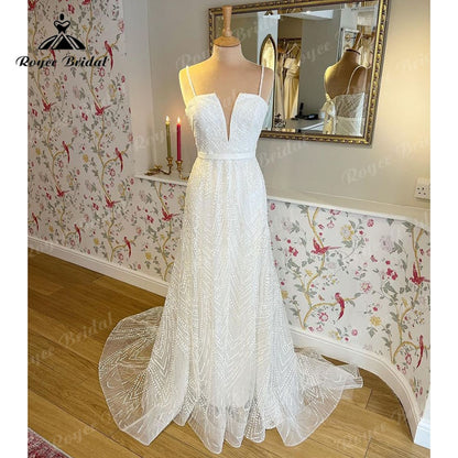 Boho A-Line Wedding Dress Custom For Women 2025 Bride Gown Sexy V-neck Spaghetti Straps Back Lace Up Bow Belt Lace Sweep vestido