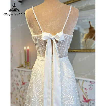 Boho A-Line Wedding Dress Custom For Women 2025 Bride Gown Sexy V-neck Spaghetti Straps Back Lace Up Bow Belt Lace Sweep vestido