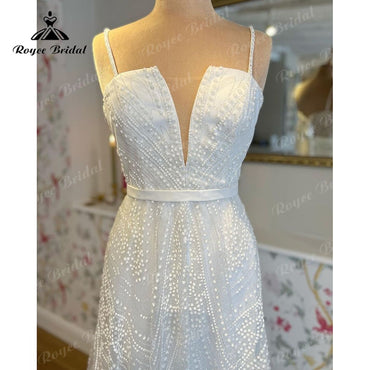 Boho A-Line Wedding Dress Custom For Women 2025 Bride Gown Sexy V-neck Spaghetti Straps Back Lace Up Bow Belt Lace Sweep vestido