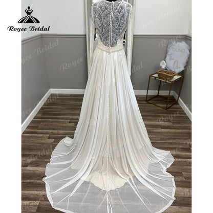 Roycebridal Boho Long Sleeve Lace Chiffon V Neck Illusion A Line Beach Wedding Dress 2025 Wedding Gown Bestidos De Novia Elegant Custom Made