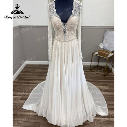 Roycebridal Boho Long Sleeve Lace Chiffon V Neck Illusion A Line Beach Wedding Dress 2025 Wedding Gown Bestidos De Novia Elegant Custom Made