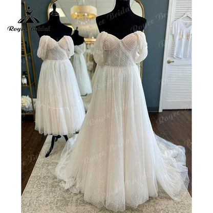 Roycebridal Boho Polka Dots Tulle Cap Sleeve Sweetheart Boho Wedding Dress for Women 2022 Bride Pleats Reception Party Dress Noiva Vestido