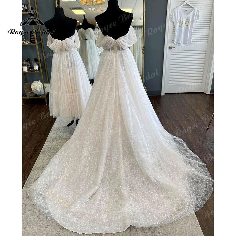 Roycebridal Boho Polka Dots Tulle Cap Sleeve Sweetheart Boho Wedding Dress for Women 2022 Bride Pleats Reception Party Dress Noiva Vestido