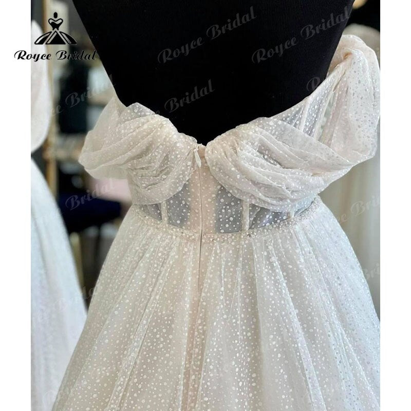 Roycebridal Boho Polka Dots Tulle Cap Sleeve Sweetheart Boho Wedding Dress for Women 2022 Bride Pleats Reception Party Dress Noiva Vestido