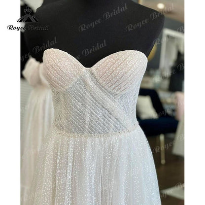 Roycebridal Boho Polka Dots Tulle Cap Sleeve Sweetheart Boho Wedding Dress for Women 2022 Bride Pleats Reception Party Dress Noiva Vestido