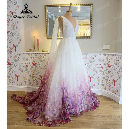 Chaste Print Flower Garden Bridal V Neck Princess Wedding Dress 2025 Vestidos Wedding Gowns Ball Gowns Custom Made Roycebridal