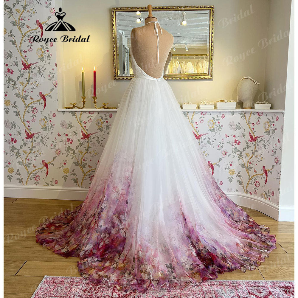 Chaste Print Flower Garden Bridal V Neck Princess Wedding Dress 2025 Vestidos Wedding Gowns Ball Gowns Custom Made Roycebridal