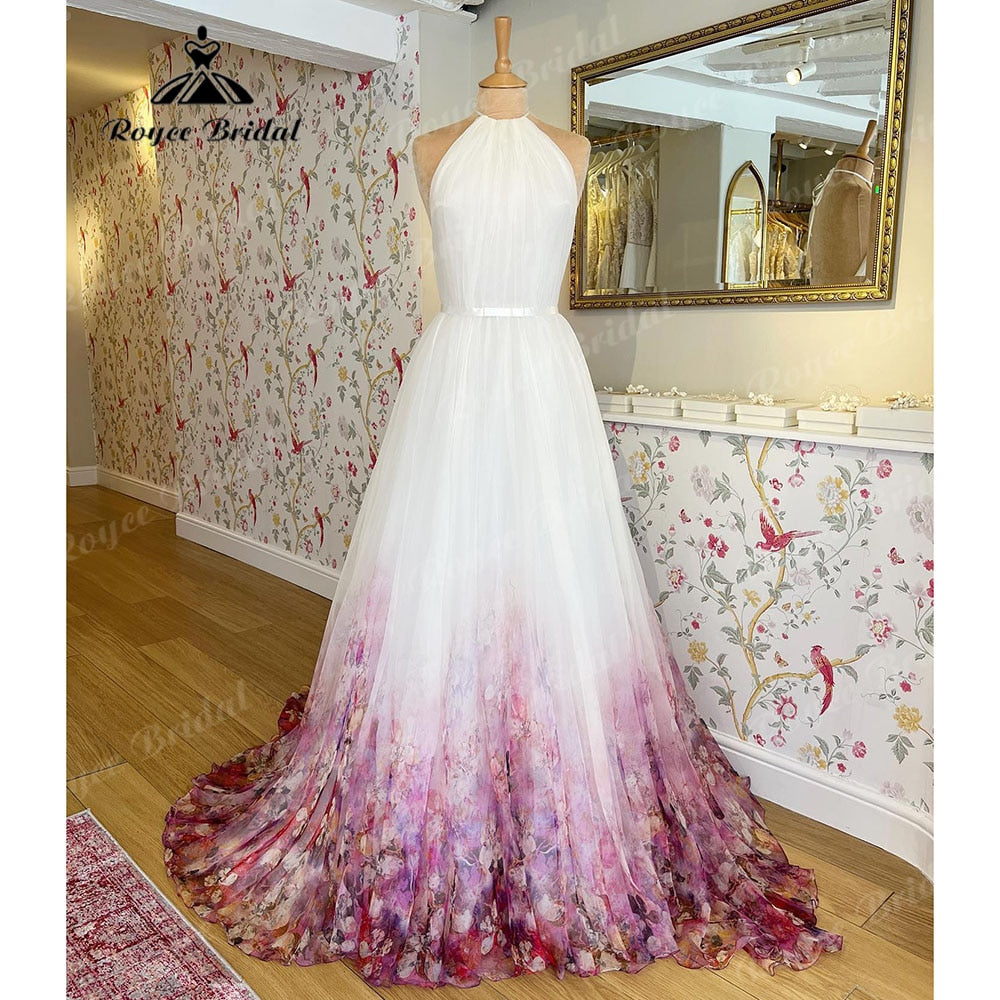 Chaste Print Flower Garden Bridal V Neck Princess Wedding Dress 2025 Vestidos Wedding Gowns Ball Gowns Custom Made Roycebridal