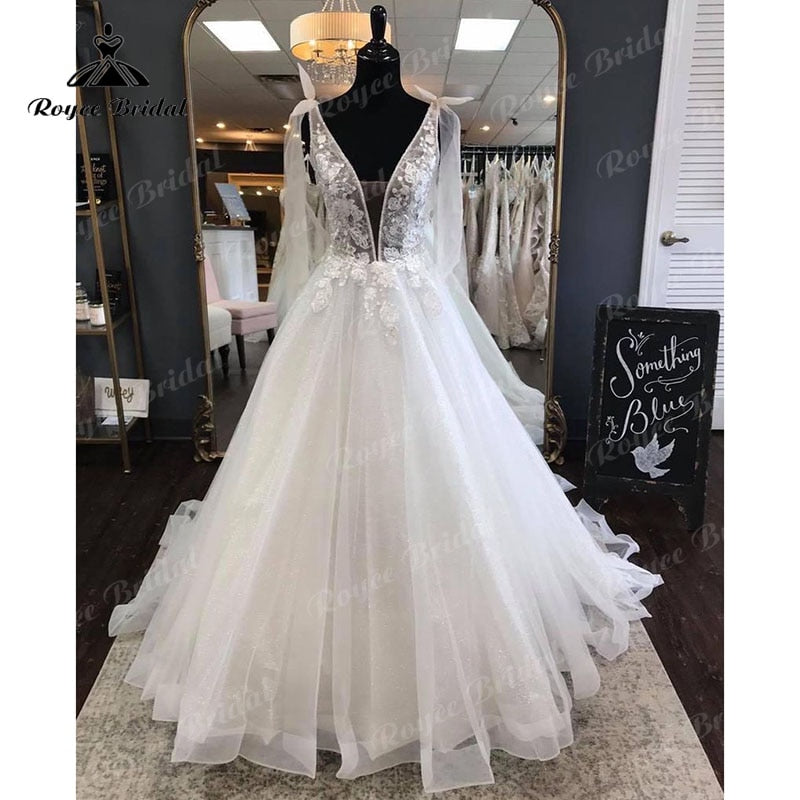 Elegant Princess Shiny Glitter Sleeveless Wedding Dress with Detachable Bow Backless Lace Applique 2022 Women Vestidos de Fiesta