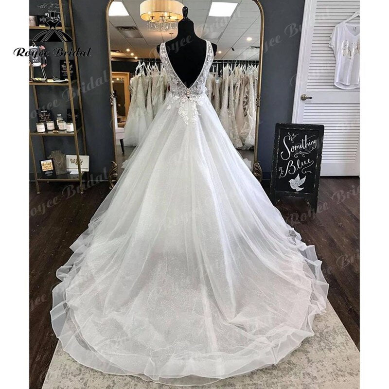 Elegant Princess Shiny Glitter Sleeveless Wedding Dress with Detachable Bow Backless Lace Applique 2022 Women Vestidos de Fiesta