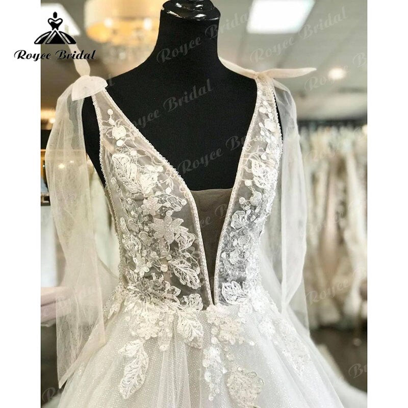 Elegant Princess Shiny Glitter Sleeveless Wedding Dress with Detachable Bow Backless Lace Applique 2022 Women Vestidos de Fiesta