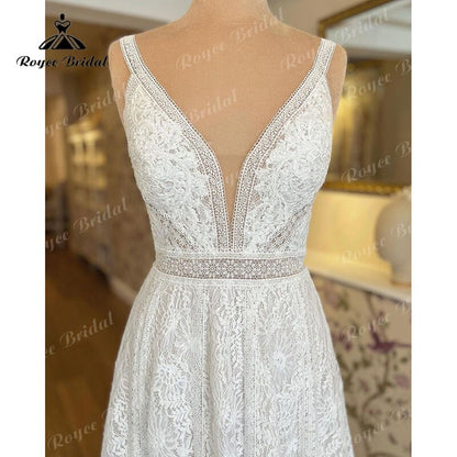 Hochzeitskleid Flowy Boho Spaghetti Straps Wedding Dress with Buttons Lace V Neck Mariage Bridal Gown robe de soirée de mariage