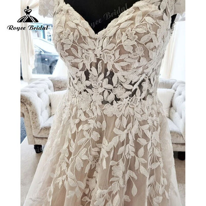 Modest Off the Shoulder Lace Appliques V Neck A Line Beach Wedding Dress 2025 Chic Robe Bridal Gown for Women Custom Made