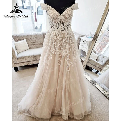 Modest Off the Shoulder Lace Appliques V Neck A Line Beach Wedding Dress 2025 Chic Robe Bridal Gown for Women Custom Made