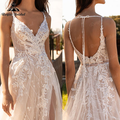 Robe Boho Champagne Lace Bohemian Backless Wedding Dress Beach V Neck 2025 Appliques Spaghetti Straps Bridal Gowns Custom Made