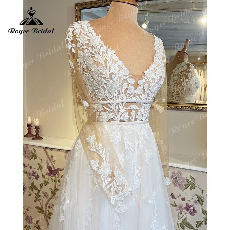 Robe De Mariee Mariage Wedding Dress Long Sleeve Lace Applique V Neck Sweep Train Bridal Gowns 2022 Robe Civil vestidos de novia