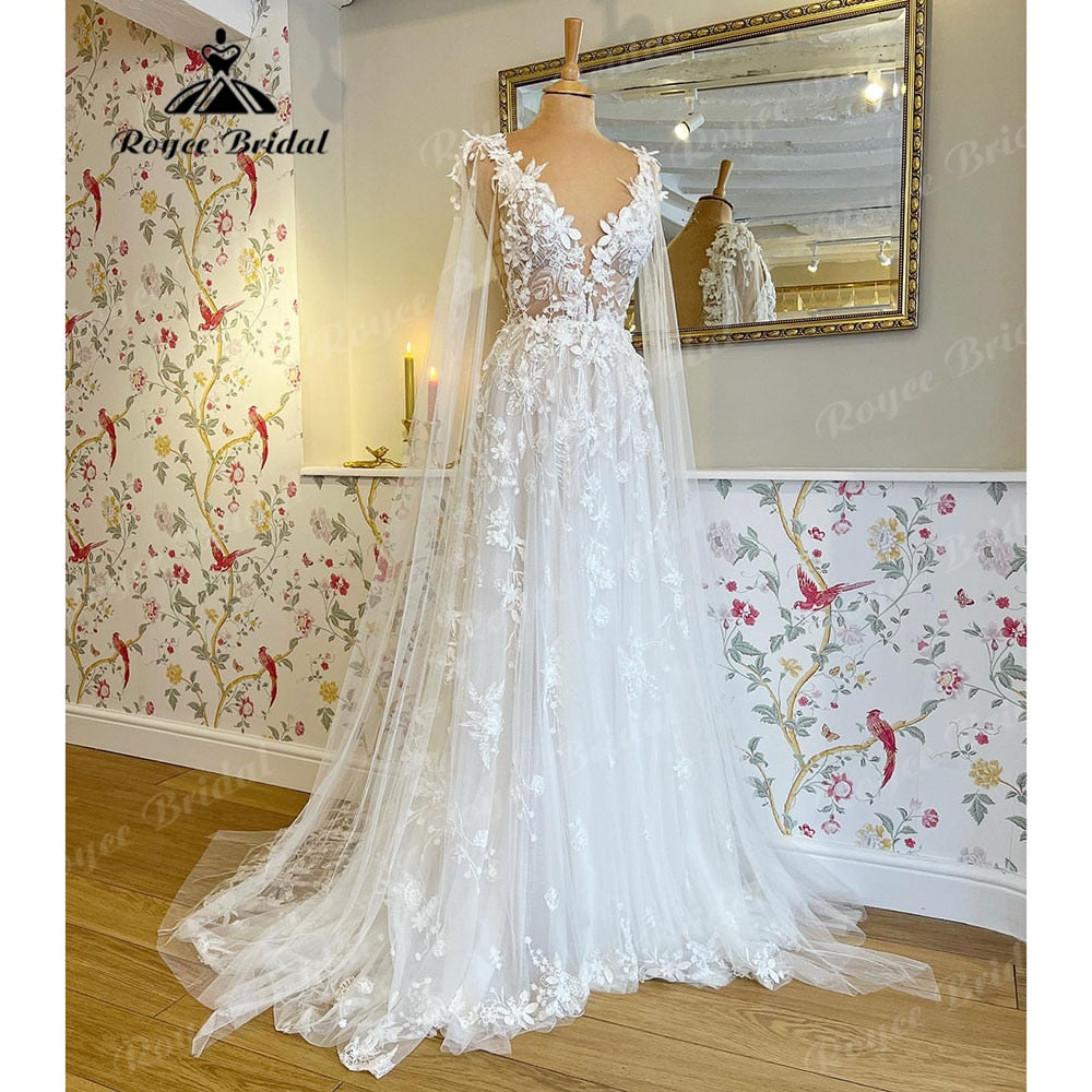 Romantic Lace Floral Fairy Beach Wedding Dress with Deep V Neck 2025 Bridal Gown Wedding vestido largo invitada boda Roycebridal