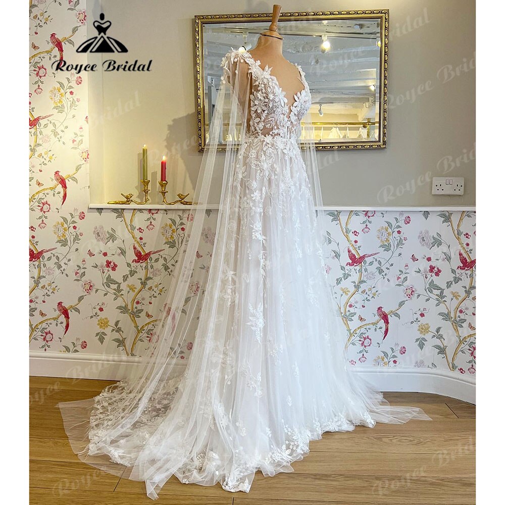 Romantic Lace Floral Fairy Beach Wedding Dress with Deep V Neck 2025 Bridal Gown Wedding vestido largo invitada boda Roycebridal