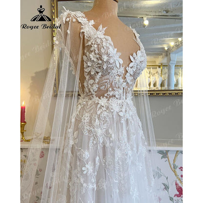 Romantic Lace Floral Fairy Beach Wedding Dress with Deep V Neck 2025 Bridal Gown Wedding vestido largo invitada boda Roycebridal