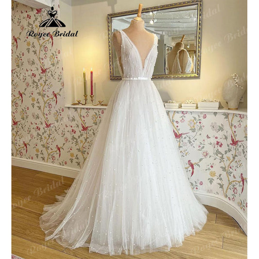 Roycebridal Modest Pearls Summer Beach Deep V Neck Wedding Dress 2025 Boho A Line Bridal Gowns Open Back Custom Made vestidos