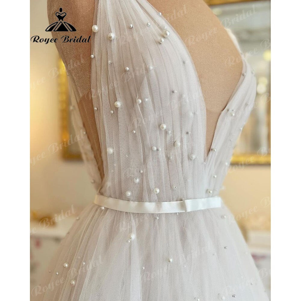 Roycebridal Modest Pearls Summer Beach Deep V Neck Wedding Dress 2025 Boho A Line Bridal Gowns Open Back Custom Made vestidos