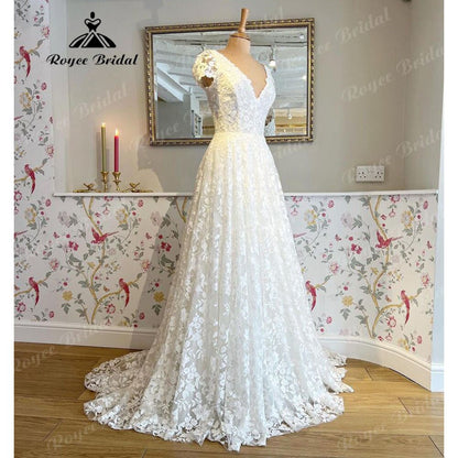 Roycebridal vestidos Full Lace A Line Boho Wedding Dress with Detachable Short Sleeve 2025 Bridal Gown robe de soirée de mariage