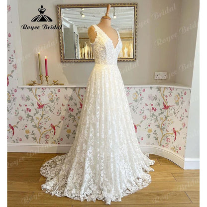 Roycebridal vestidos Full Lace A Line Boho Wedding Dress with Detachable Short Sleeve 2025 Bridal Gown robe de soirée de mariage