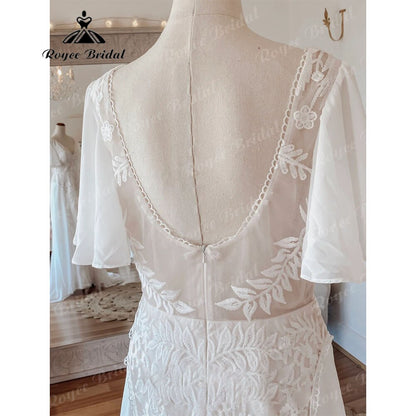 Sexy Boho V Neck Lace Short Sleeve Chiffon Bohemian Beach Women Wedding Dress 2025 Bridal Gowns vestido de novia playa Backless