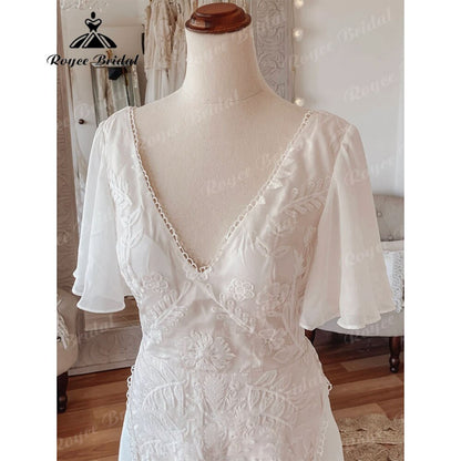 Sexy Boho V Neck Lace Short Sleeve Chiffon Bohemian Beach Women Wedding Dress 2025 Bridal Gowns vestido de novia playa Backless