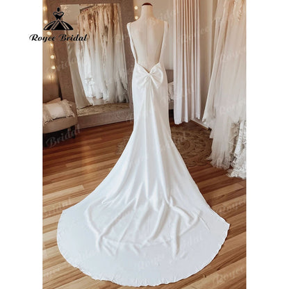 Simple Scoop Neckline Soft Satin Mermaid Open Back Wedding Dress with Bow Bridal Gowns Sleeveless sukienka na wesele Roycebridal