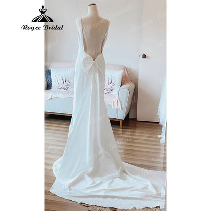 Simple Scoop Neckline Soft Satin Mermaid Open Back Wedding Dress with Bow Bridal Gowns Sleeveless sukienka na wesele Roycebridal